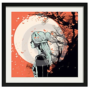 a framed art print of a girl looking at the moon with butterflies flying around her