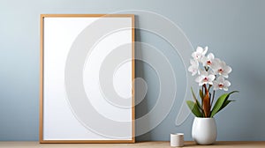 Framed Blank Picture And Orchid On Wooden Table - 3d Rendering