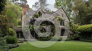 Framed by cascading wisteria vines and a perfectly manicured lawn this cottage garden house boasts a clic design with a photo