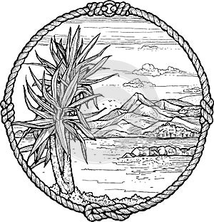 Framed drawing of meditteranean coast with a palm tree.