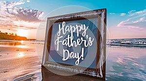 A framed Happy Fathers Day! message sits on a tranquil beach at sunset, evoking peaceful reflections