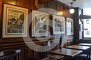 framed pictures of historic dublin on the pubs wall