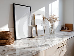 Framed Posters on Marble Kitchen Countertop