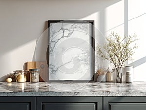 Framed Posters on Marble Kitchen Countertop