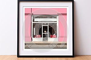 a framed print of a pink building on a wooden floor