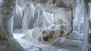 Framed by a stunning ice canopy the bed is lavishly adorned with delicate lace accents and luxurious linens creating a