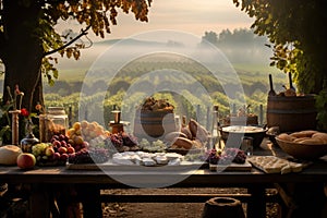 A framed table in a farm ranch. Sunset, sunrise, early morning. mist and fog. A rustic wood table with abundant food