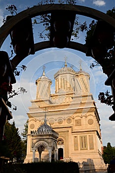 Framed view of the Cathedral of Curtea de Arges. Romania