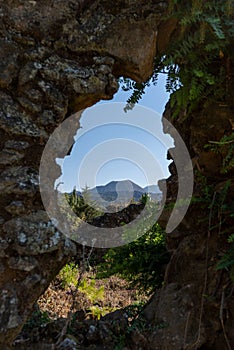 Framed view of Paricutin volcano under clear blue sky, Michoacan, Mexico