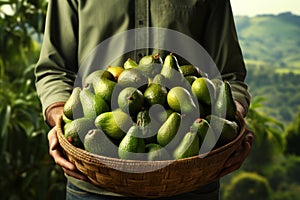 Framer Holding a Basket of Avocado on Farm AI Generated