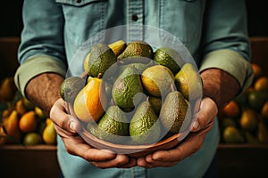 Framer Holding a Basket of Avocado on Farm AI Generated