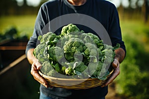 Framer Holding a Basket of Broccoli on Farm AI Generated