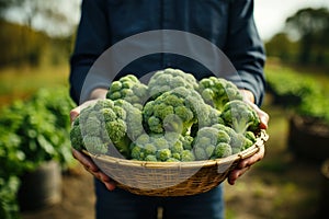 Framer Holding a Basket of Broccoli on Farm AI Generated
