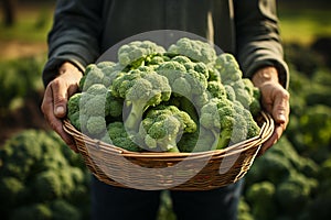 framer is holding a basket of Broccoli.Health food, diet concept.