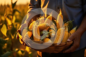 Framer Holding Basket of Corn on Farm Background AI Generated