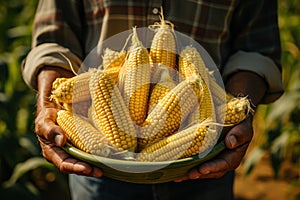 Framer Holding Basket of Corn on Farm Background AI Generated