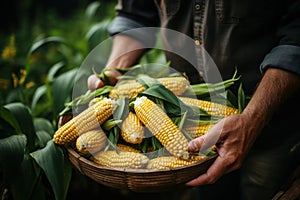 Framer Holding Basket of Corn on Farm Background AI Generated