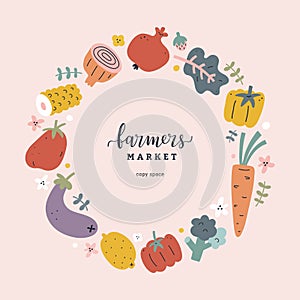 Framers market poster template with foods illustrations, lettering logo, hand drawn vegetables and fruits, vector wreath