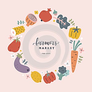 Framers market poster template with foods illustrations, lettering logo, hand drawn vegetables and fruits, vector wreath photo