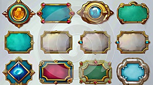 Frames for an avatar in a medieval UI game with silver and gold borders. Cartoon empty metallic bordering with fancy