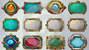 Frames for an avatar in a medieval UI game with silver and gold borders. Cartoon empty metallic bordering with fancy photo