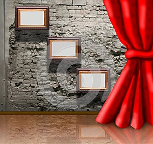 Frames on brick wall and curtain collage