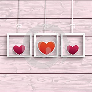 Frames 3 Colored Hearts Pink Wood