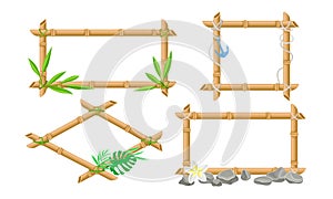 Frames of Corded Bamboo Sticks Decorated with Tropical Plant Vector Set