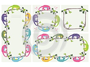 Frames with cute colorful geckos hanging on the branches. photo