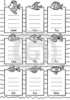 Frames with different fish. Hand-drawn black and white weekly planner template.