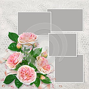 Frames for family photos on a beautiful lace background and a bouquet of pink roses