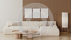frames mock up in modern living room interior with wooden wall panel and white sofa, 3d