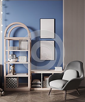 Frames mockup in blue child room interior. Nursery Interior in scandinavian style. 3d rendering, 3d illustration