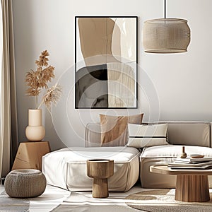 Frames mockup with picture space in the bedroom. Templates for decorating a room. Minimalist interior in rustic or boho