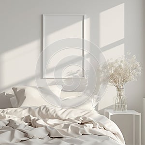 Frames mockup with picture space in the bedroom. Templates for decorating a room. Minimalist interior in rustic or boho