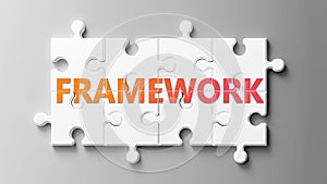 Framework complex like a puzzle - pictured as word Framework on a puzzle pieces to show that Framework can be difficult and needs