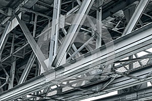 Framework detail of metal railroad bridge. bottom view