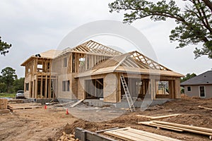 Framework of house under construction with scaffolding