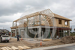 Framework of house under construction with scaffolding