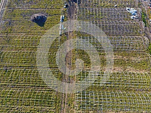 Frameworks of greenhouses, top view. Construction of greenhouses in the field. Agriculture, agrotechnics of closed ground photo