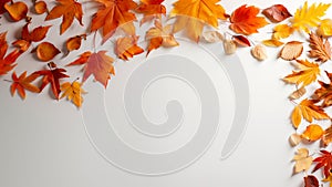 Framing border with autumn color changing leaves arrangement and leave shadow on white background.