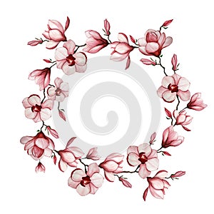 Framing, floral frame made of magnolias. Blooming magnolia, buds in watercolor