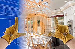 Framing Hands With Gloves Over Kitchen Drawing, Construction Framing and Finished Build photo