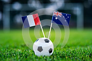 France - Australia, Group C, Saturday, 16. June, Football, World Cup, Russia 2018, National Flags on green grass, white football b