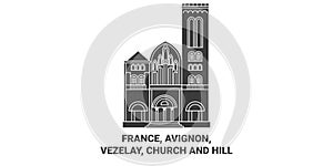 France, Avignon, Vezelay, Church And Hill travel landmark vector illustration