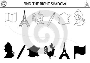 France black and white shadow matching activity. French puzzle with Marianne, map, Eiffel Tower, rooster, baguette. Find correct