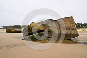 France blockhouse ancient blockhaus in water sea on sand beach atlantic coast