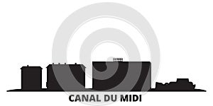 France, Canal Du Midi city skyline isolated vector illustration. France, Canal Du Midi travel black cityscape