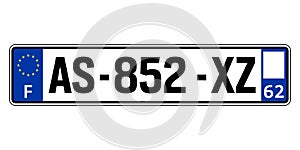 France car plate. Vehicle registration number