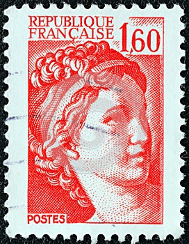 FRANCE - CIRCA 1981: A stamp printed in France shows Sabine from the the kidnapping of the Sabines painting by Jacques-Louis David